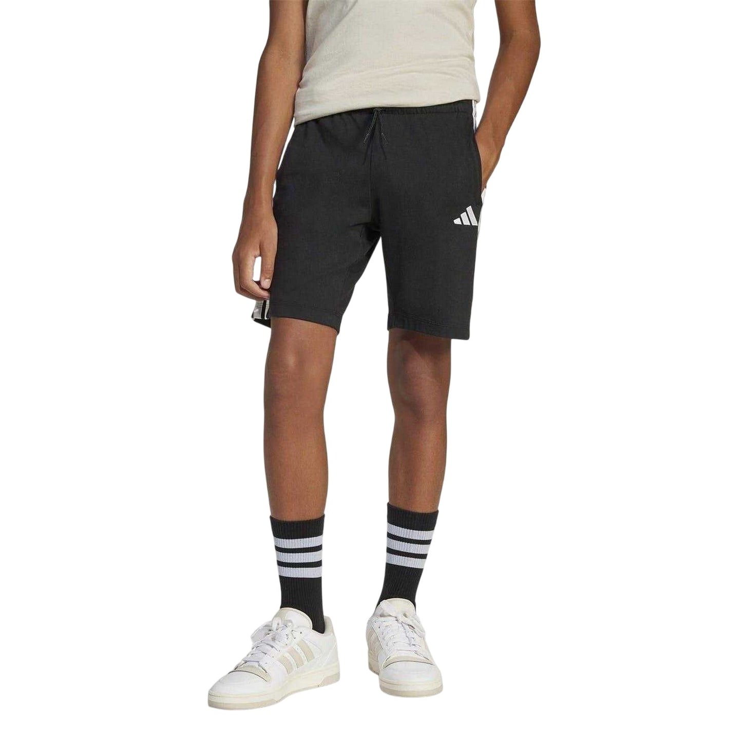 Black-White - Side - Adidas Childrens-Kids Essentials 3 Stripes Jersey Shorts