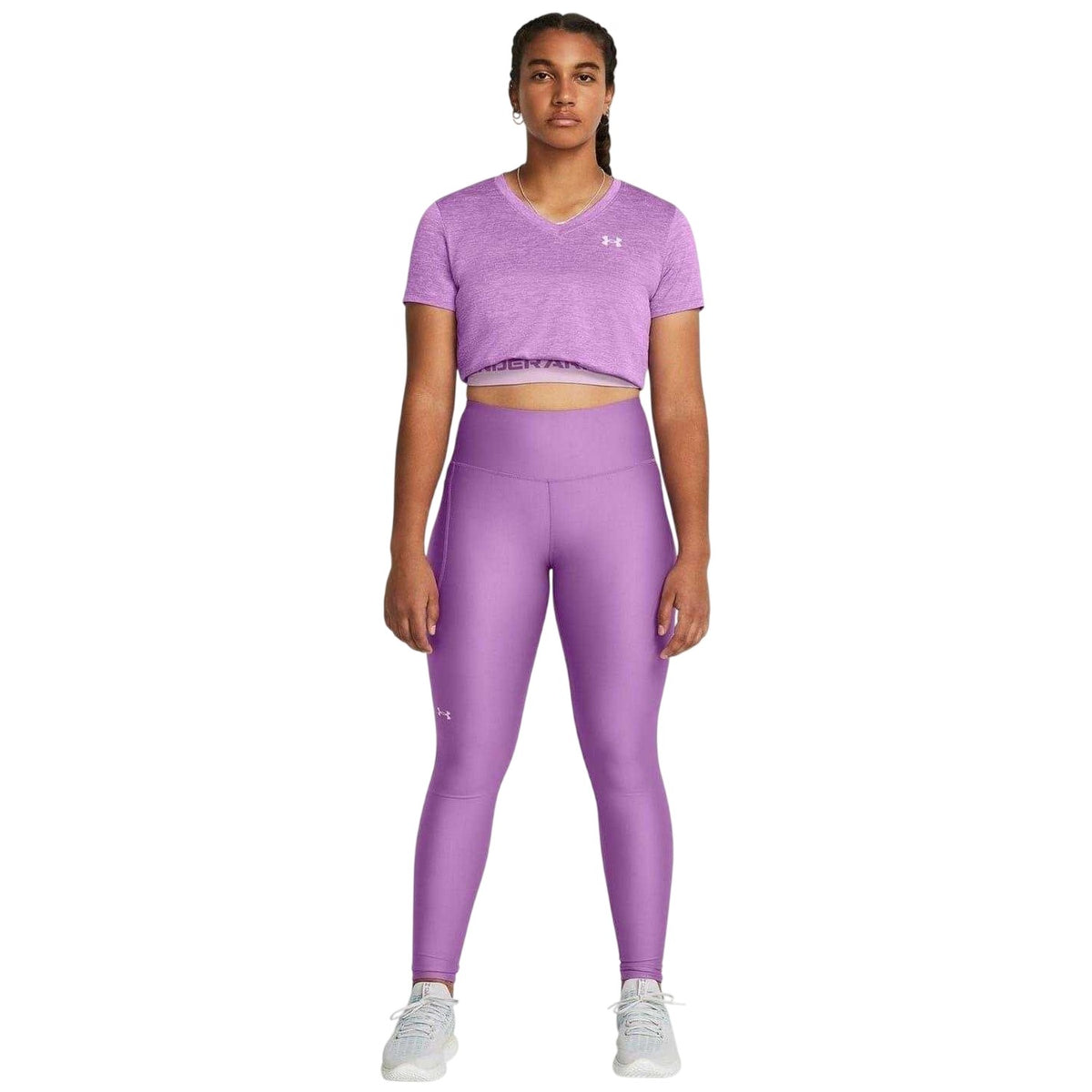 Purple - Side - Under Armour Womens-Ladies Performance HeatGear Tights