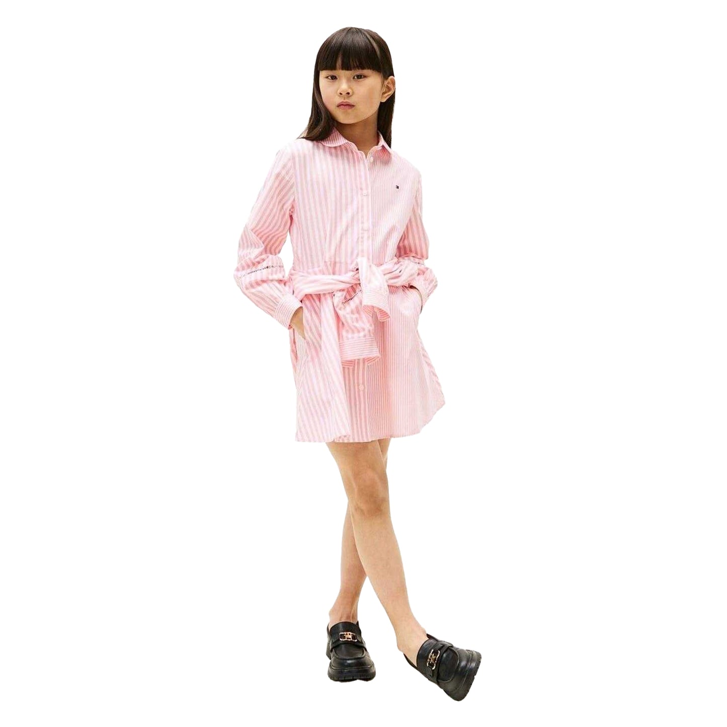 Pink - Pack Shot - Tommy Hilfiger Girls Striped Collared Mini Shirt Dress
