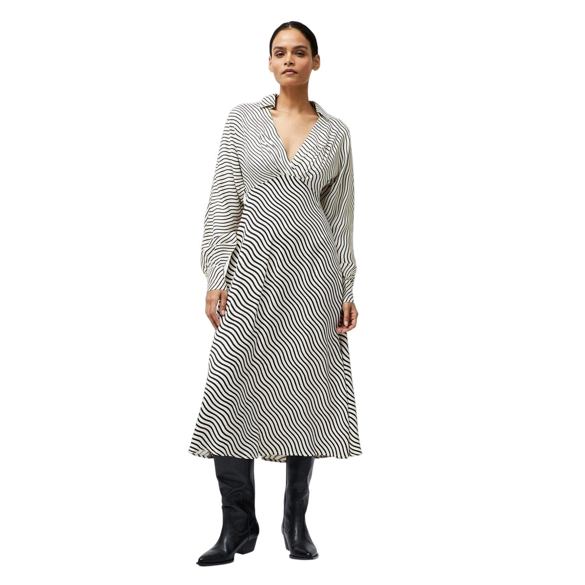 Black-Cream - Lifestyle - French Connection Womens-Ladies Candice Striped V Neck Midi Dress