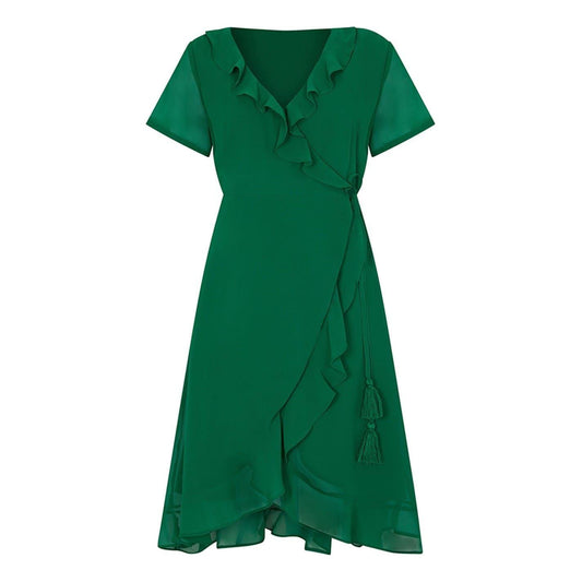 Green - Front - Yumi Womens-Ladies Frill V Neck Wrap Dress