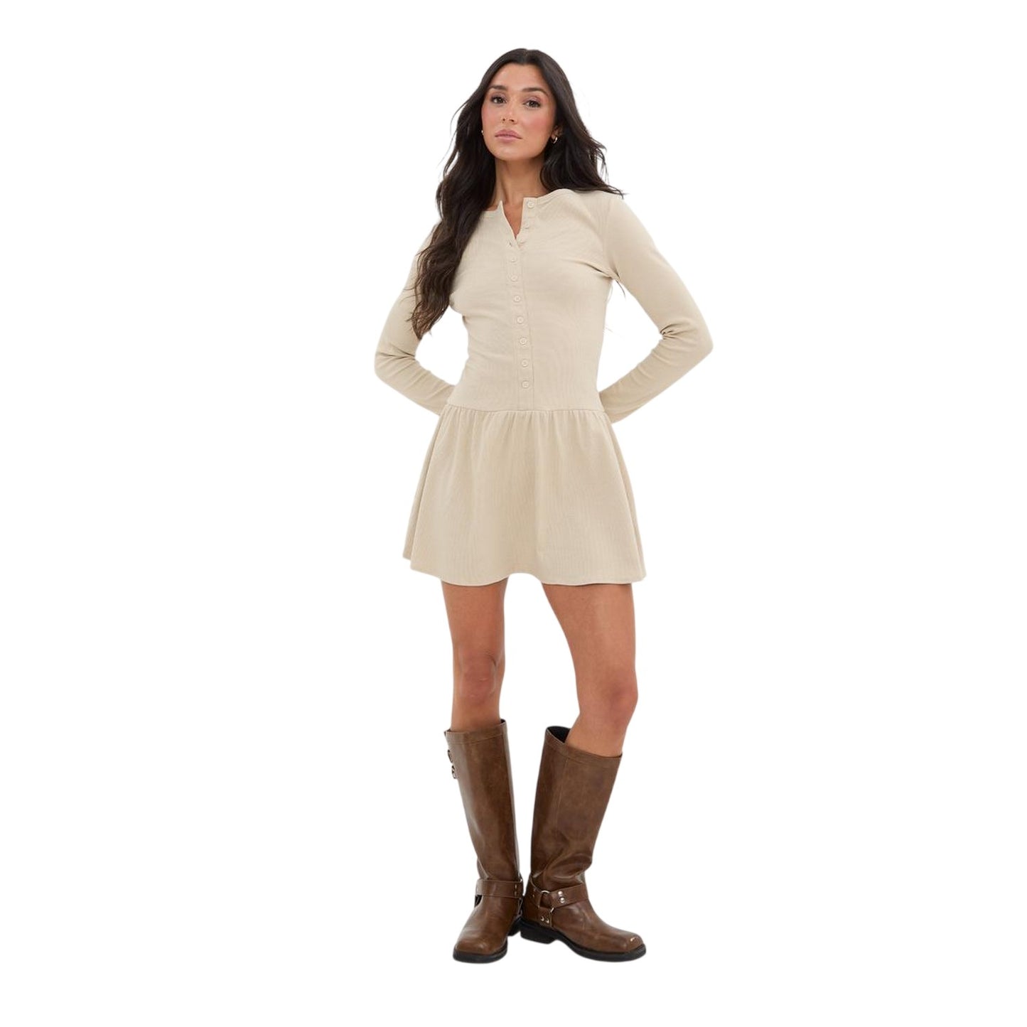 Stone - Lifestyle - I Saw It First Womens-Ladies Ribbed Fitted And Flared Long-Sleeved Mini Dress