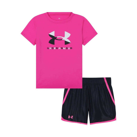 Pink - Front - Under Armour Girls Polyester Blend T-Shirt & Shorts Set