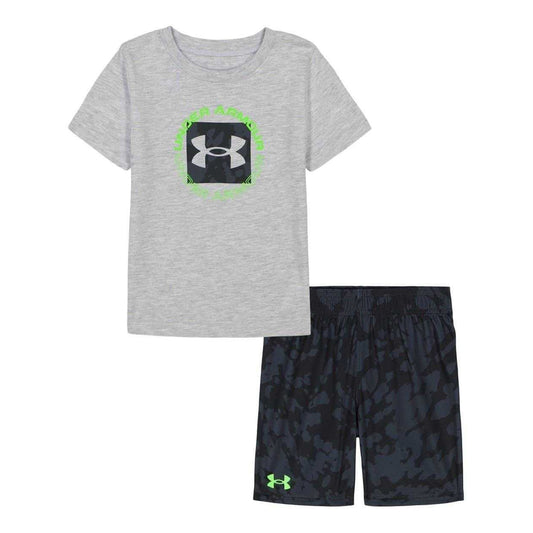 Grey - Front - Under Armour Childrens-Kids Heather T-Shirt & Shorts Set