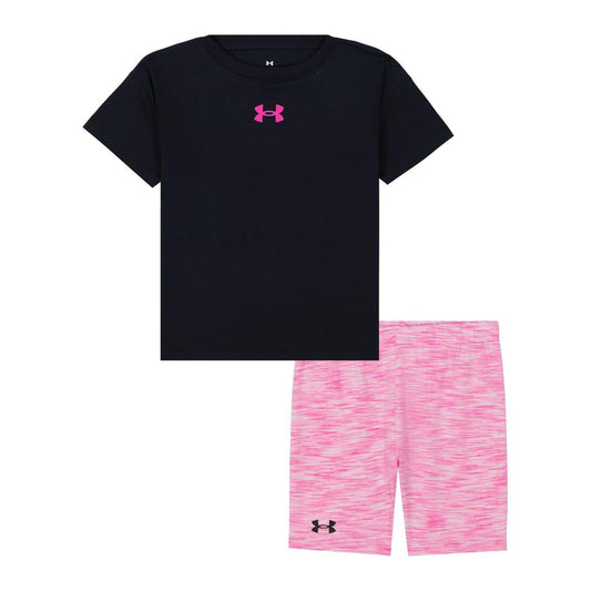 Black-Pink - Front - Under Armour Girls Logo Short-Sleeved T-Shirt & Shorts Set