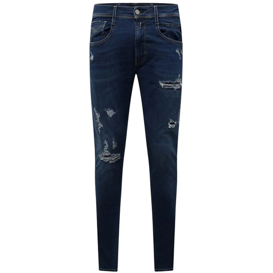 Blue - Front - Replay Mens Cotton Blend Ripped Slim Jeans
