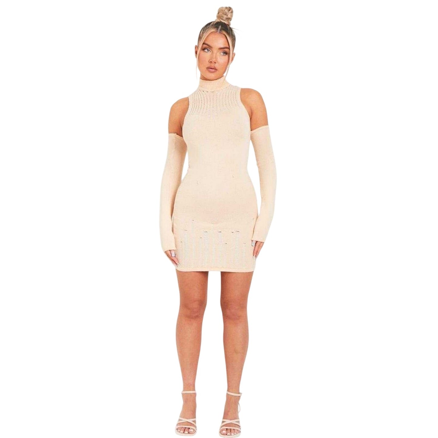 Stone - Side - Missy Empire Womens-Ladies Distressed Knitted Mini Dress