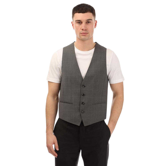 Grey - Front - Boss Mens Huge 6 Checked Virgin Wool Waistcoat