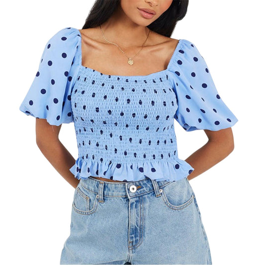 Blue-Navy - Front - Brave Soul Womens-Ladies Polka Dot Puff Sleeve Crop Top