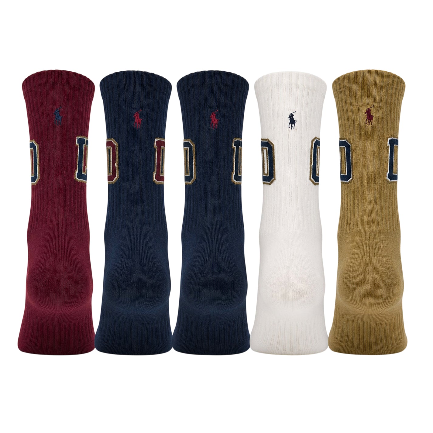 Camel Brown-Cream-Navy - Back - Ralph Lauren Unisex Adult Varsity Crew Socks (Pack of 6)