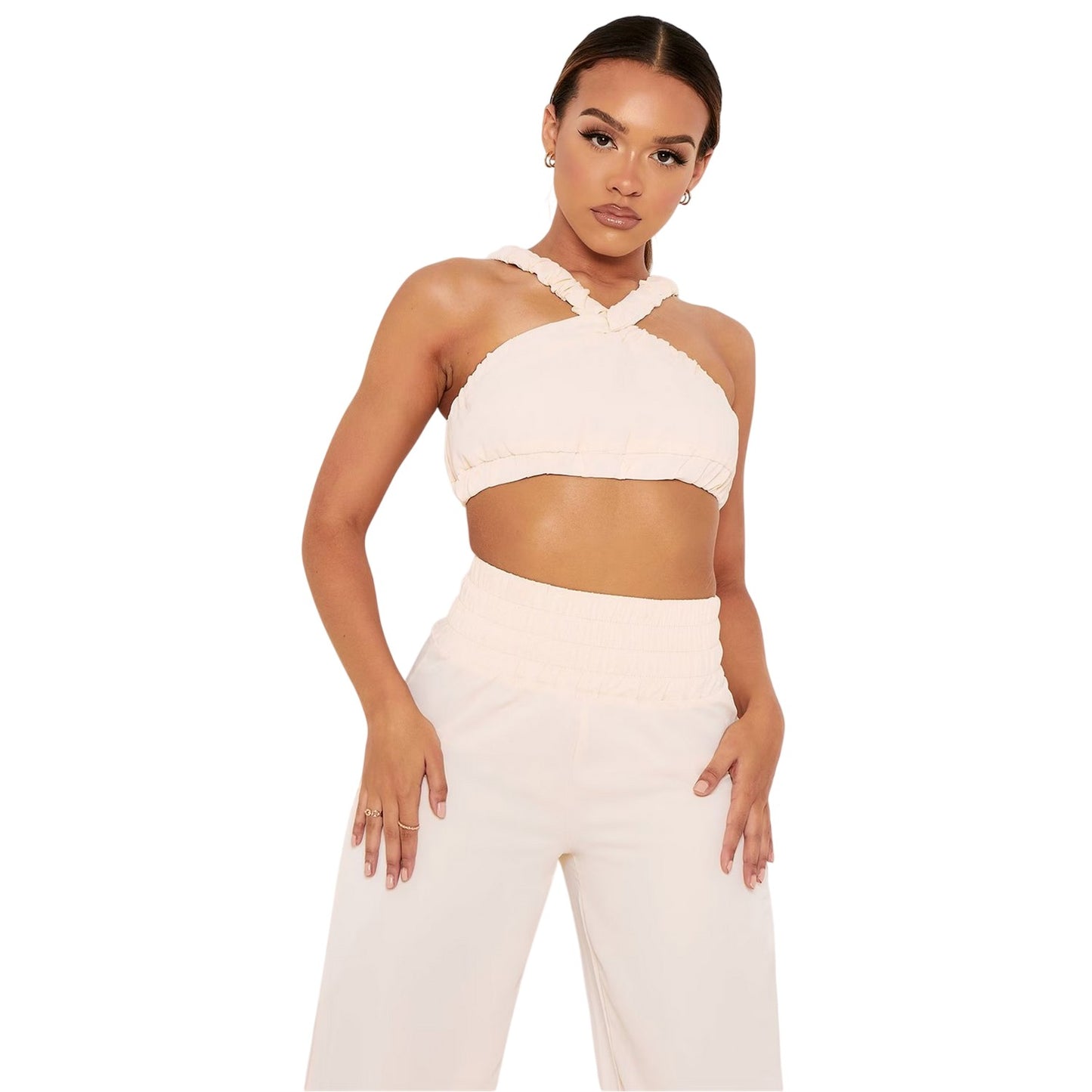Cream - Back - Missy Empire Womens-Ladies Pleated Strappy Crop Top