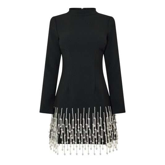 Black - Front - Muse Womens-Ladies Pearl Long-Sleeved Party Mini Dress