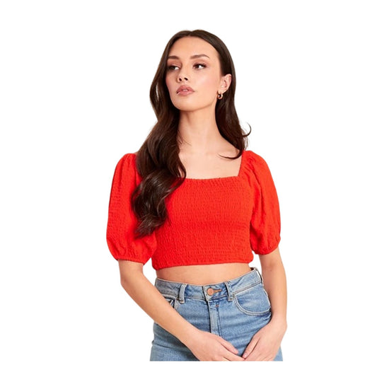 Red - Front - Be You Womens-Ladies Balloon Sleeve Crop Top