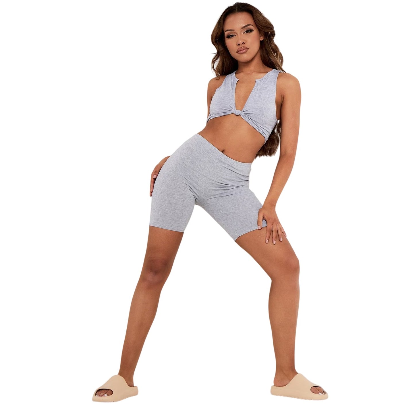 Grey - Back - Missy Empire Womens-Ladies Twist Knot Jersey Plunge Crop Top