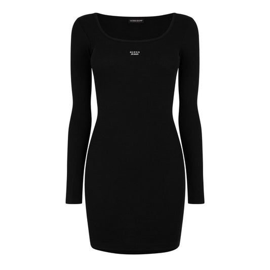 Jet Black - Front - Guess Womens-Ladies Ribbed Square Neck Slim Long-Sleeved Mini Dress