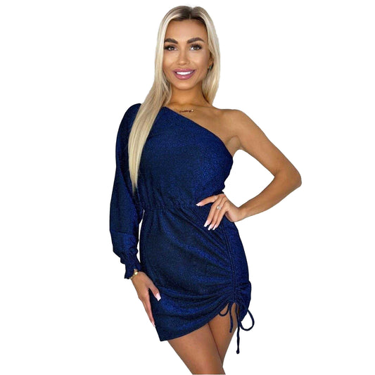 Blue - Front - AX Paris Womens-Ladies Sparkle Ruched Side One Sleeve Mini Dress