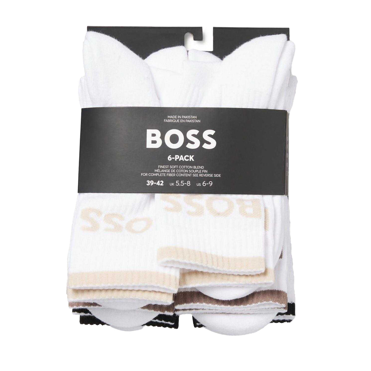 White - Side - Boss Mens Lettering Cotton Blend Crew Socks (Pack of 6)