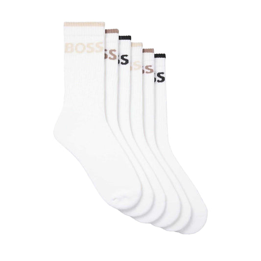 White - Front - Boss Mens Lettering Cotton Blend Crew Socks (Pack of 6)