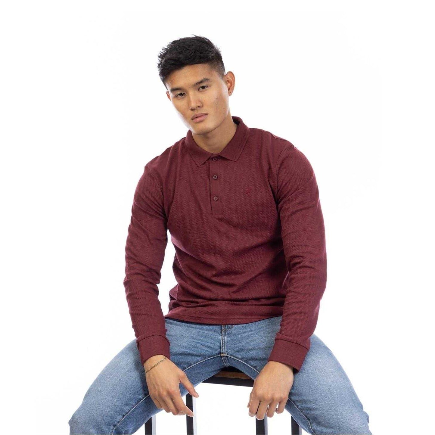 Burgundy - Lifestyle - Peter Werth Mens Embroidered Long-Sleeved Polo Shirt