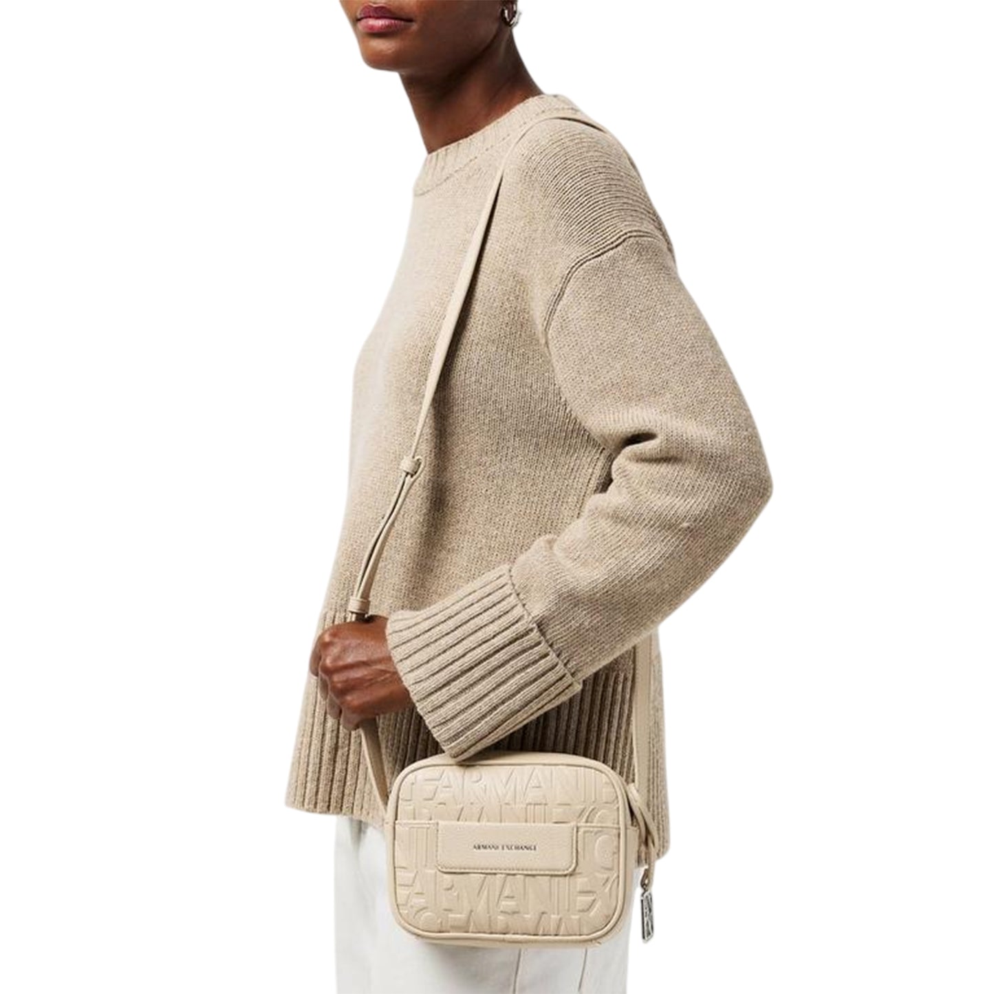Beige - Side - Armani Exchange Unisex Adult All Over Logo Messenger Bag