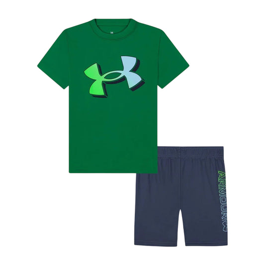 Royal Green-Grey - Front - Under Armour Boys Tech Large Logo T-Shirt & Shorts Set