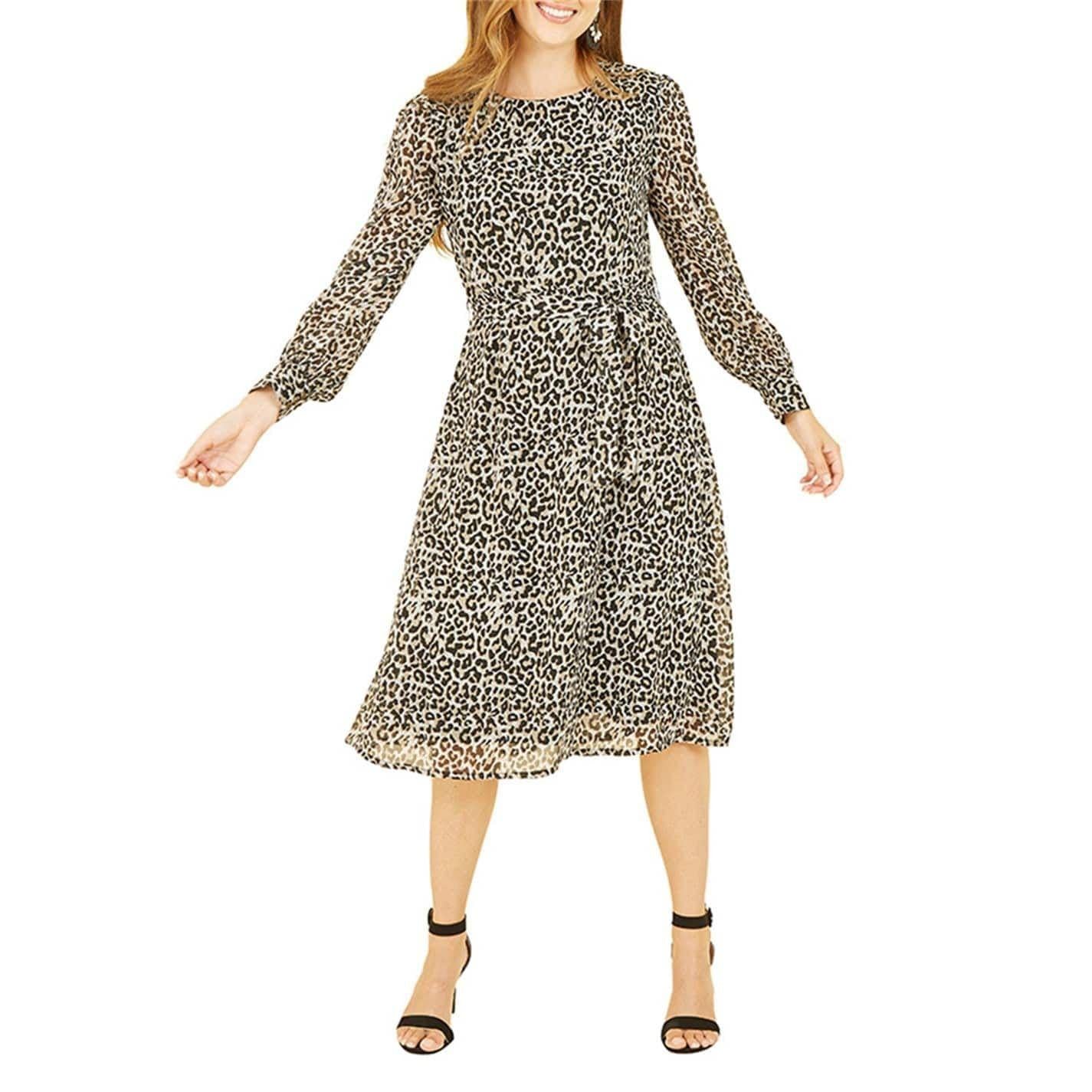 Brown-Black - Lifestyle - Yumi Womens-Ladies Leopard Print Crew Neck Skater Dress