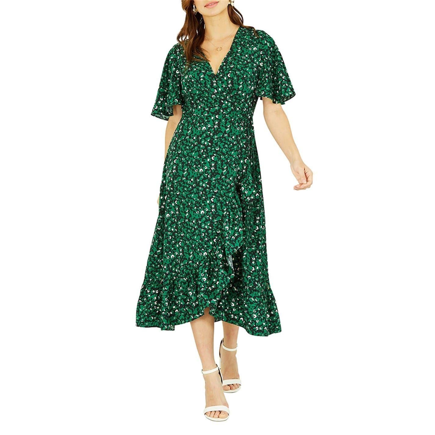Green - Lifestyle - Mela London Womens-Ladies Leopard Print V Neck Flutter Wrap Dress