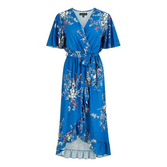 Blue - Front - Mela London Womens-Ladies Floral V Neck Flutter Wrap Dress