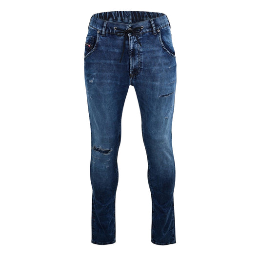 Blue Denim - Front - Diesel Mens Krly Denim Ripped Straight Leg Jeans