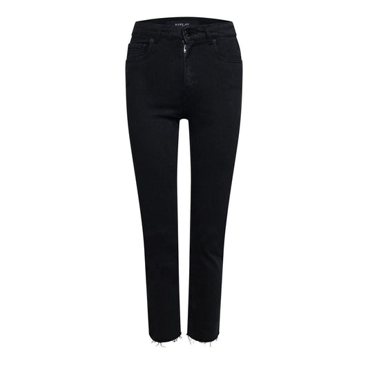 Grey - Front - Replay Womens-Ladies Cotton Blend Frayed Edge Slim Jeans