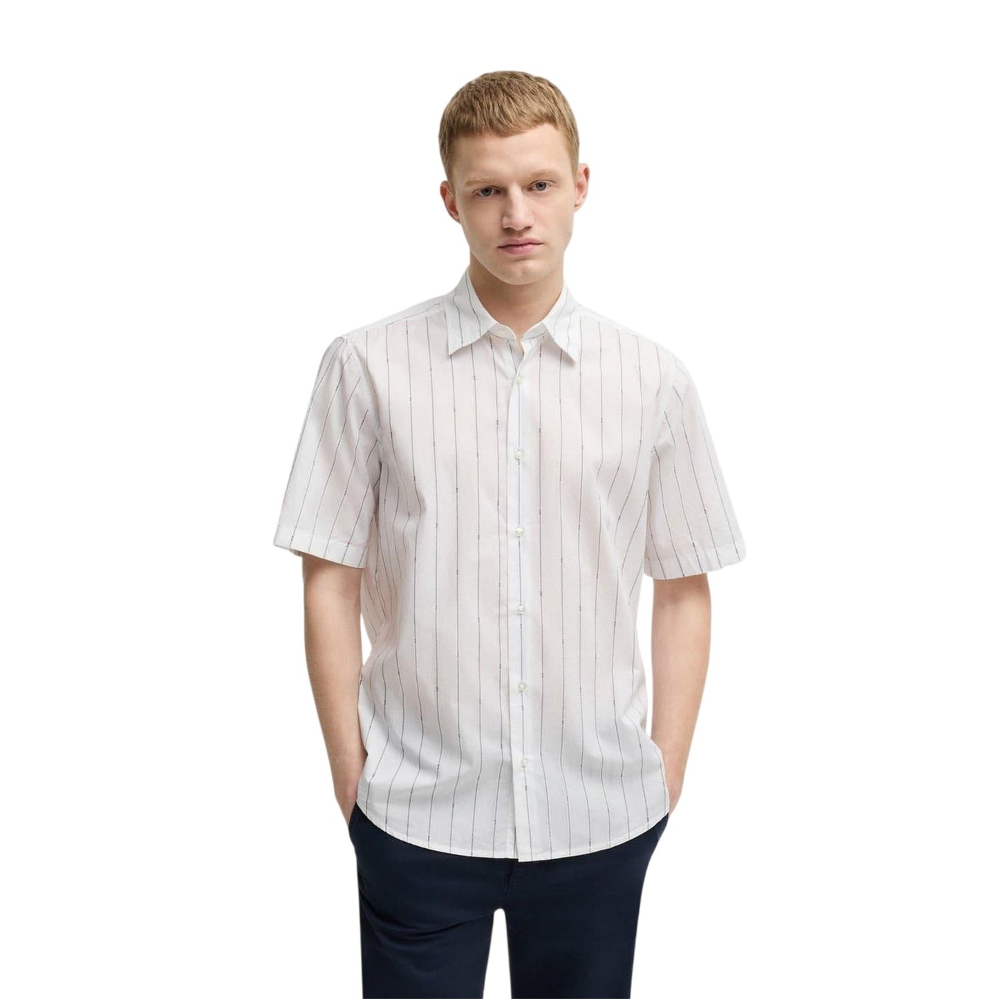 White - Lifestyle - Boss Mens Pinstripe Regular Short-Sleeved Shirt