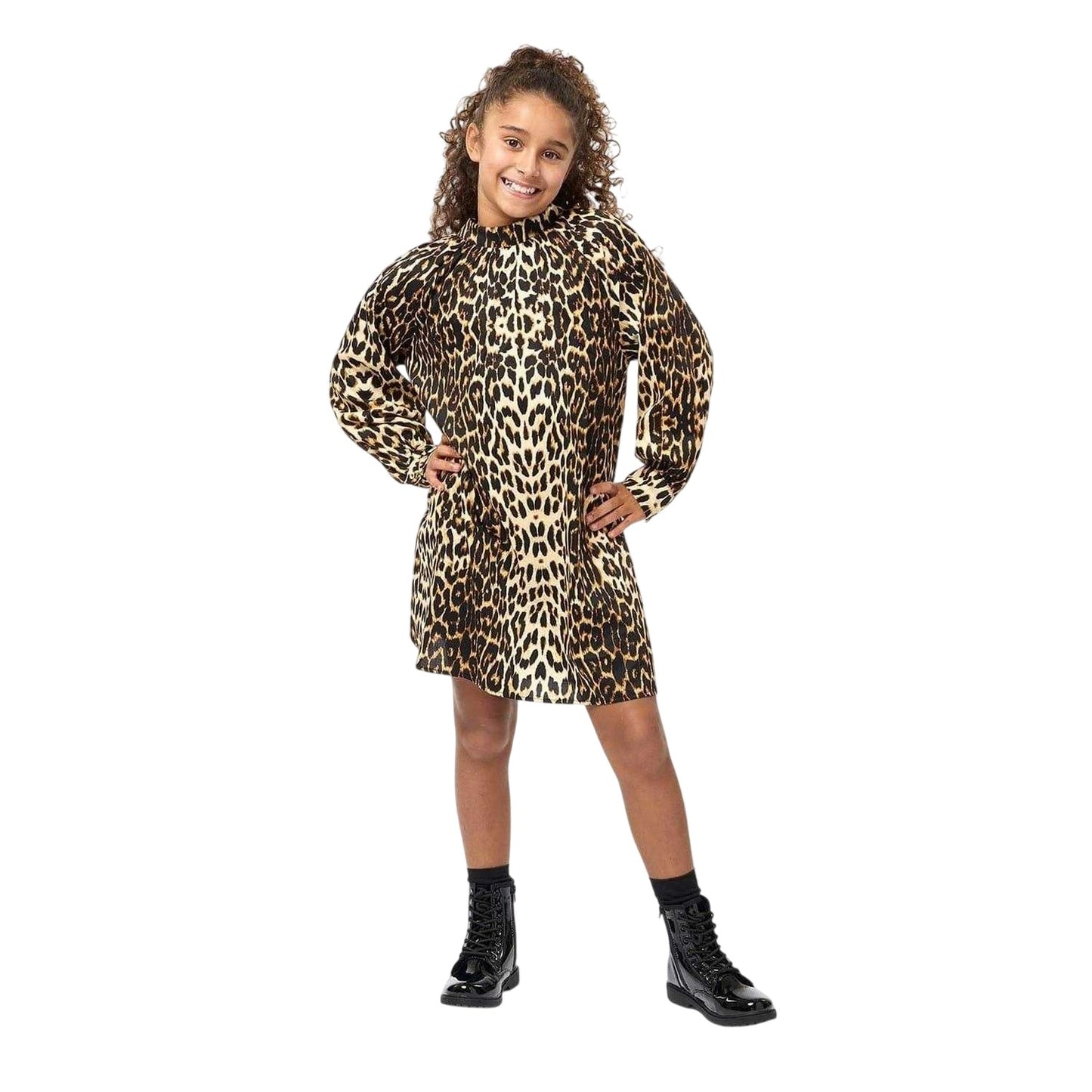 Brown-Black - Pack Shot - Biba Girls Leopard Print Balloon Sleeve Dress