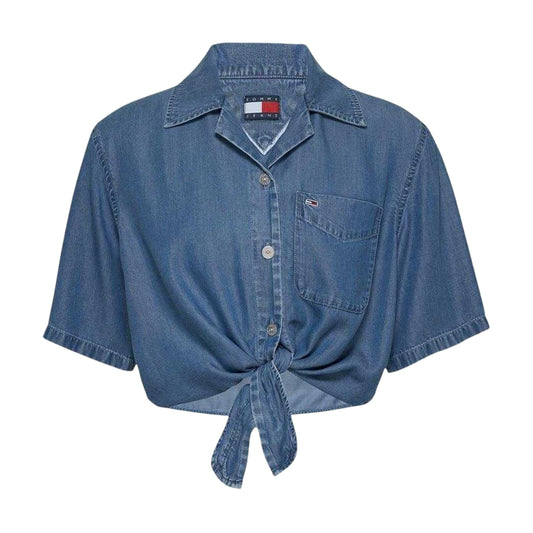 Medium Blue - Front - Tommy Jeans Womens-Ladies Cropped Chambray Tied Hem Shirt