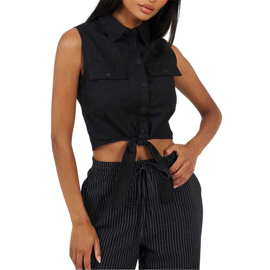 Black - Front - Brave Soul Womens-Ladies Tied Hem Sleeveless Crop Top