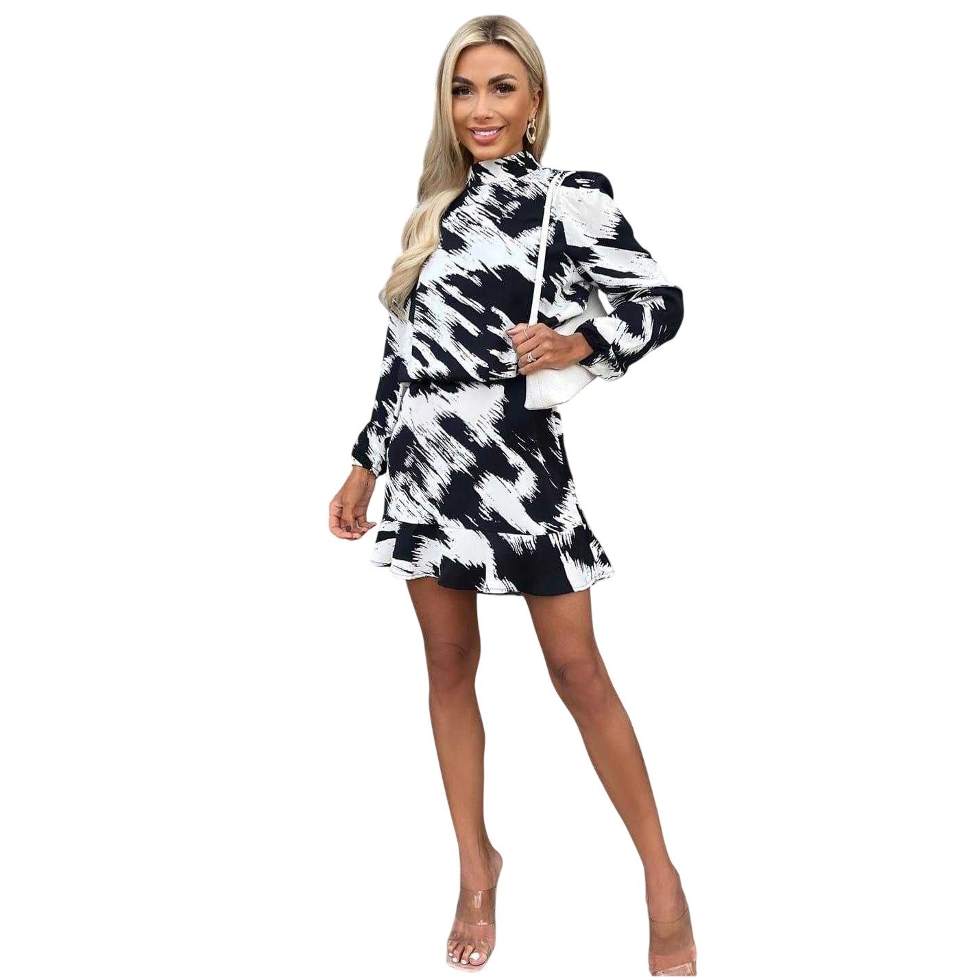 Black-White - Lifestyle - AX Paris Womens-Ladies Brush Stroke Polyester Long-Sleeved Skater Dress