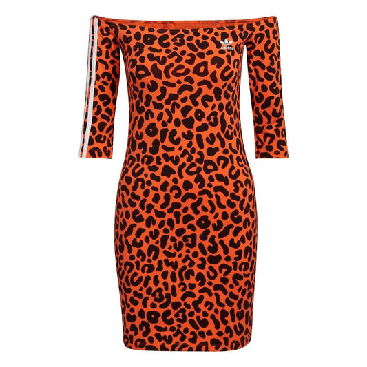 Orange-Black - Front - Adidas Womens-Ladies Leopard Print Off Shoulder Mini Dress