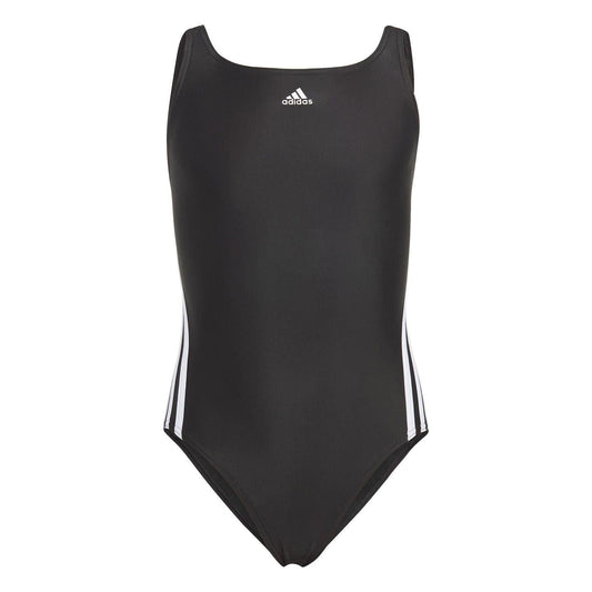 Black-White - Front - Adidas Girls 3 Stripes One Piece Swimsuit