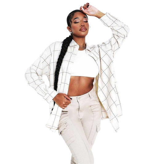 Beige - Front - Missy Empire Womens-Ladies Checked Oversized Shirt