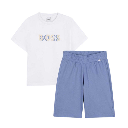 White - Front - Boss Childrens-Kids Logo T-Shirt & Shorts Set