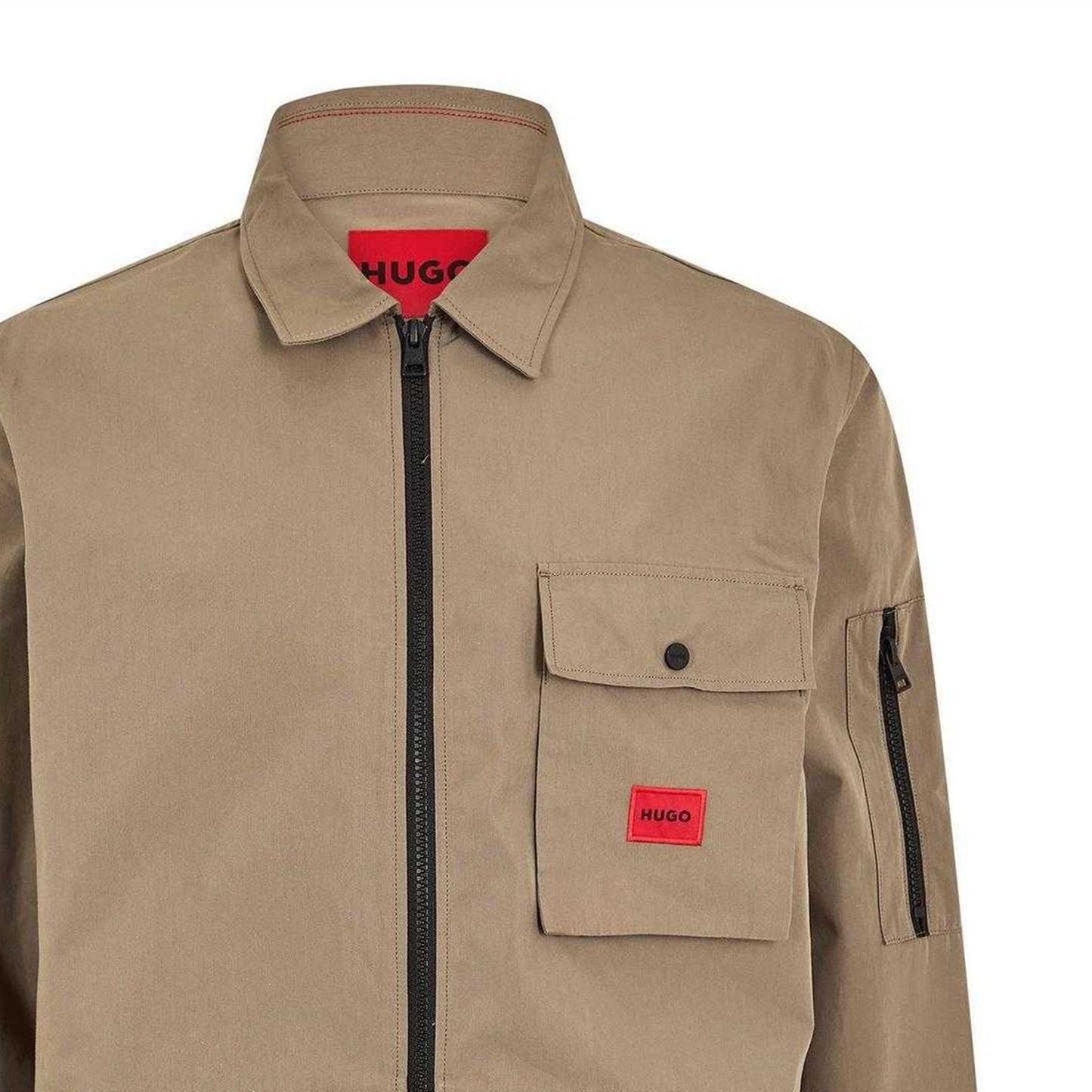 Khaki - Side - Hugo Mens Emmond Logo Full Zip Overshirt