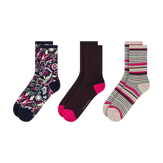 Black-Multicoloured - Front - Ted Baker Womens-Ladies Assorted Designs Crew Socks (Pack of 3)