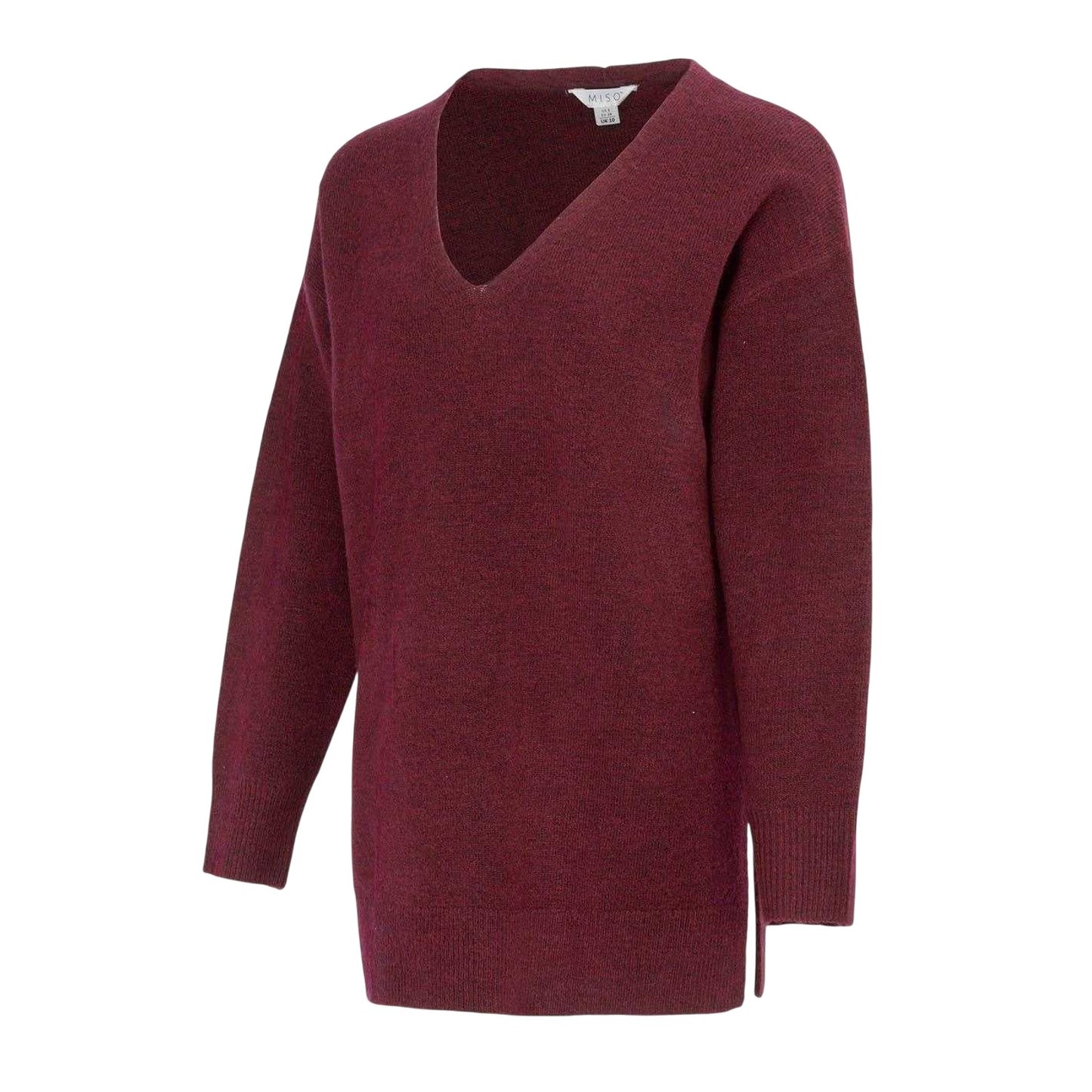 Burgundy - Side - Miso Womens-Ladies Plain V Neck Loose Sweater Dress