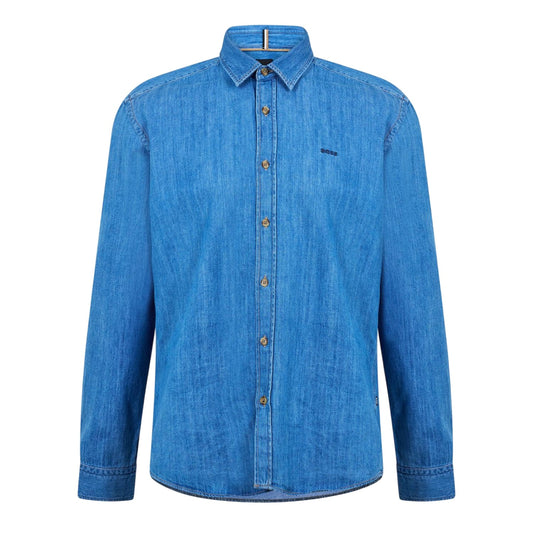 Navy - Front - Boss Mens Liam Embroidered Denim Point Collar Shirt