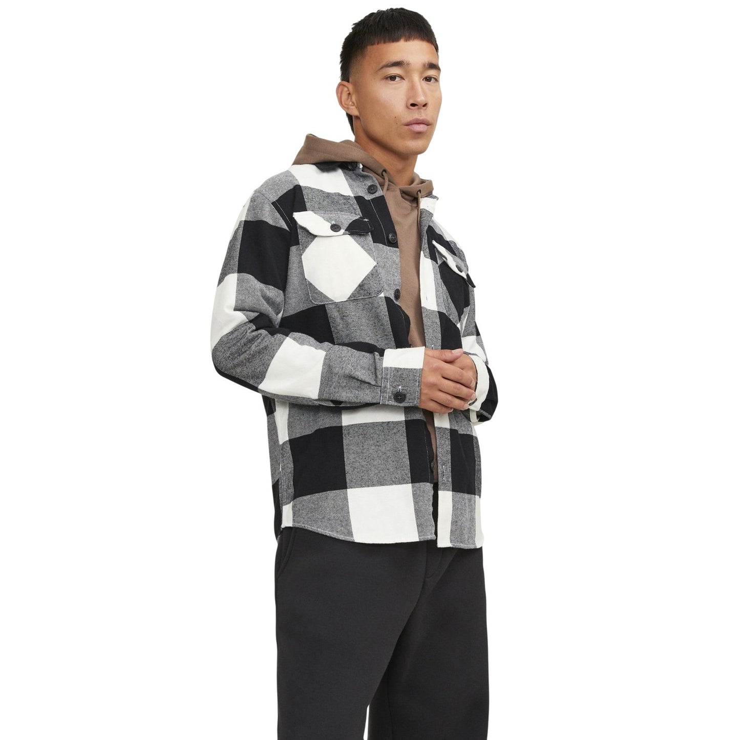 White - Side - Jack And Jones Mens Buffalo Check Flannel Long-Sleeved Overshirt