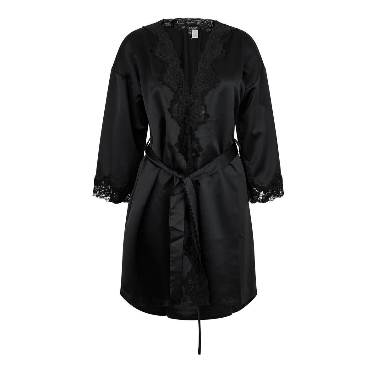 Black - Pack Shot - Ralph Lauren Womens-Ladies Satin Lace Trim Robe