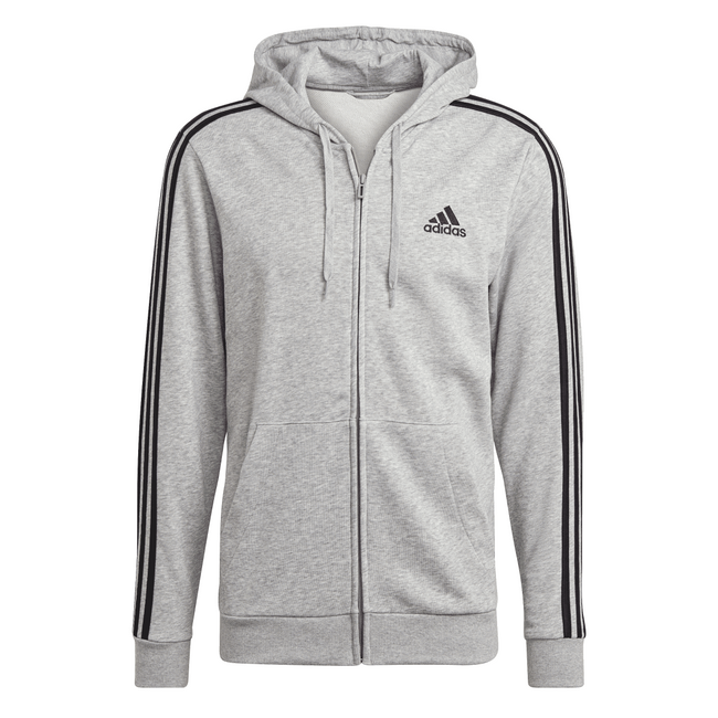 Grey - Front - Adidas Mens Essentials 3 Stripes Full Zip Hoodie