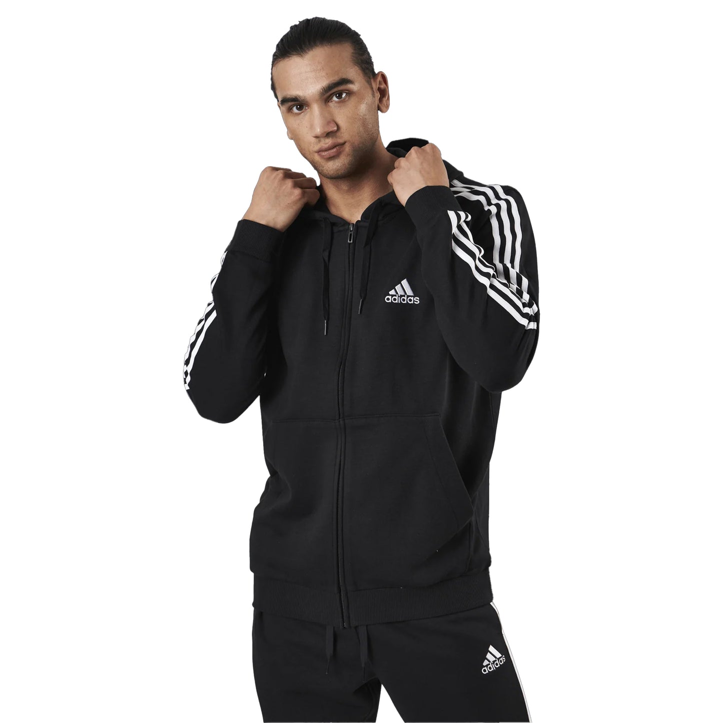 Black - Side - Adidas Mens Essentials 3 Stripes Full Zip Hoodie
