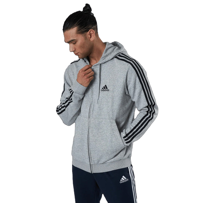 Grey - Side - Adidas Mens Essentials 3 Stripes Full Zip Hoodie