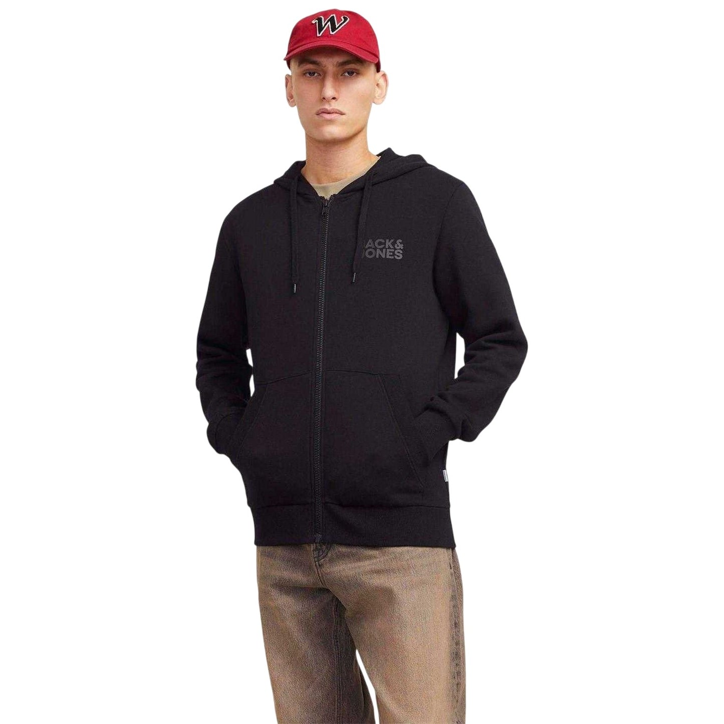 Black - Side - Jack And Jones Mens Logo Full Zip Hoodie