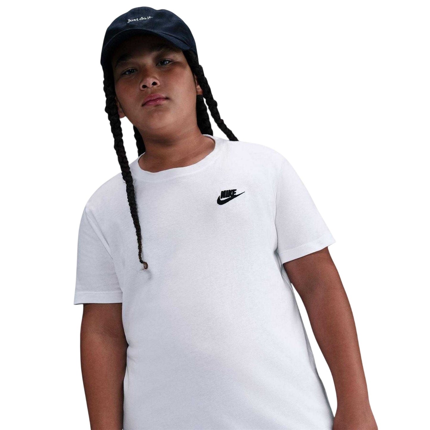 White - Side - Nike Girls Embroidered Logo Cotton T-Shirt